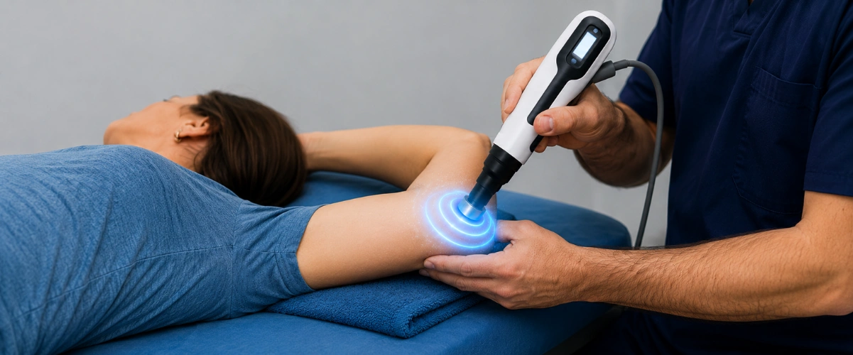 Woman receiving shockwave for inner elbow tendon pain