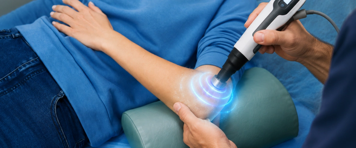 A woman with pain in her lateral elbow receiving shockwave therapy treatment